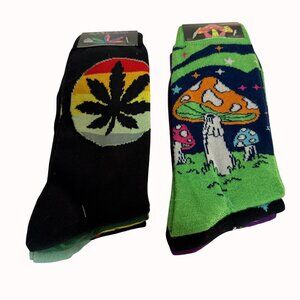Psychedelic Mushroom Crew Socks Set of 6 Cannabis Leaf Design Unisex Funky Gift